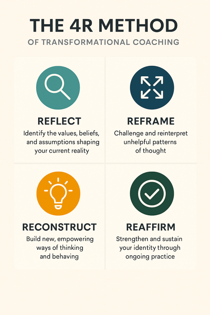 Infographic showing the 4R Method of transformational coaching