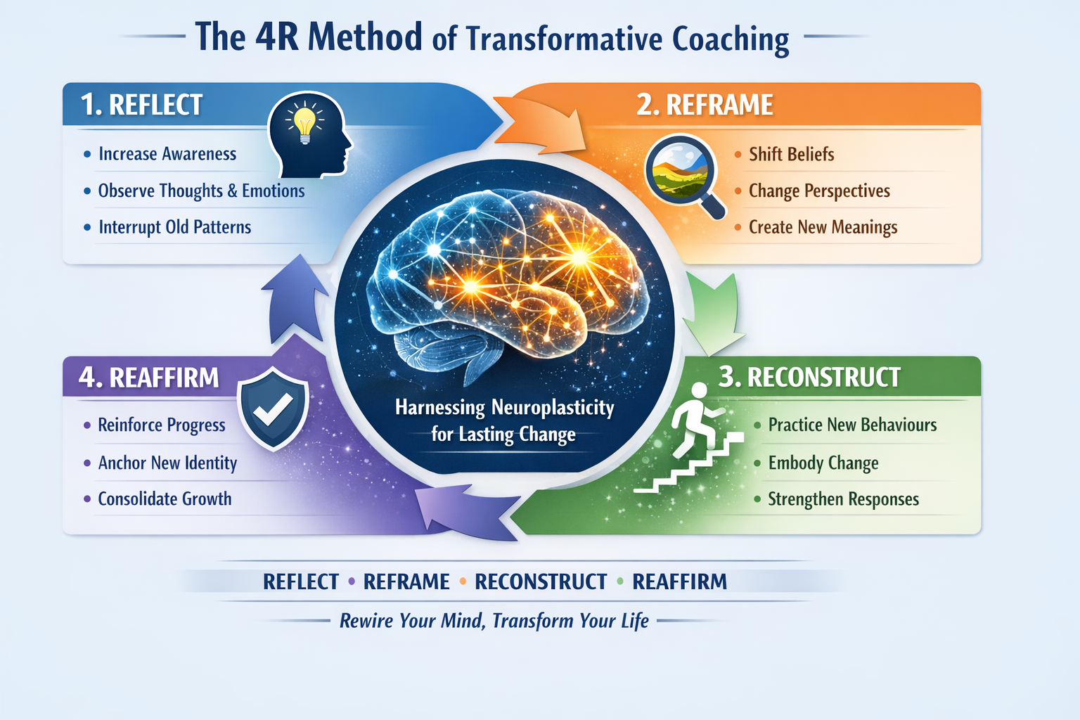 An infographic explaining how 4R coaching using the poer of neuroplasticity to create long term and lasting change with the unique 4R coaching method from Natalie Hogan.