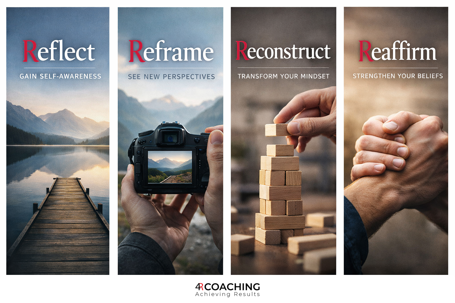 An infographic explaining the 4 Steps to the unique 4R Transformative Coaching method from 4R Coaching or Reflect, Reframe, Reconstruct and Reaffirm.