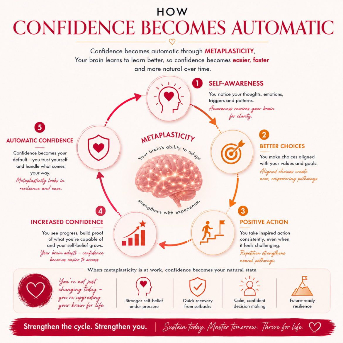 Confidence coaching infographic demonstrating how self-awareness, positive action and self-trust create a reinforcing cycle of personal growth.